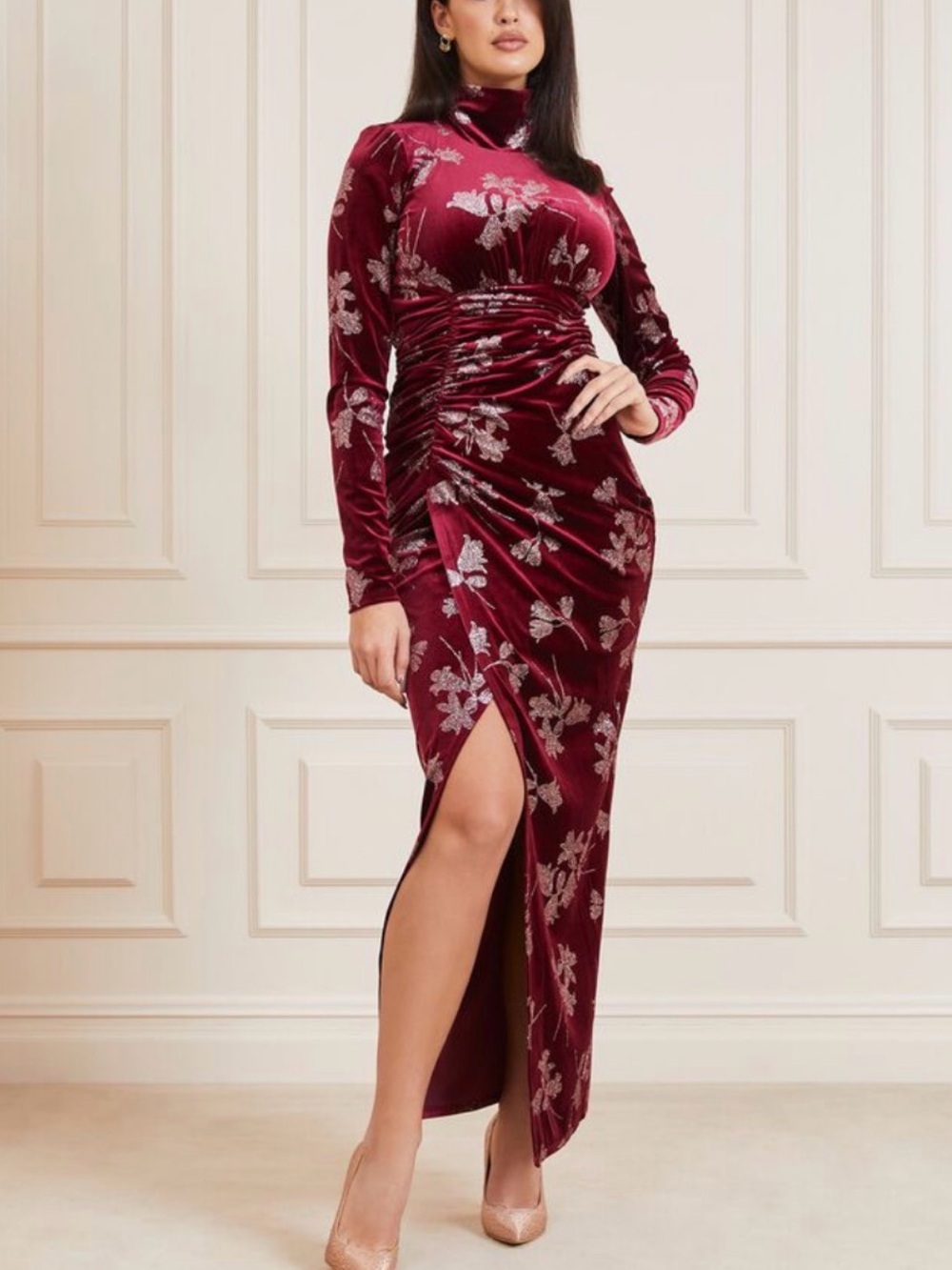 Marciano by Guess Burgundy Velvet Floral Glitter Maxi Dress L Angelica Tabitha